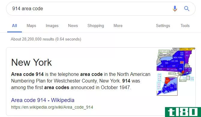 Searching for the area code of a phone number on Google.
