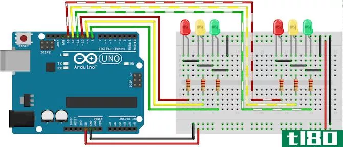 Cricuit diagram for Arduino traffic lights with junction