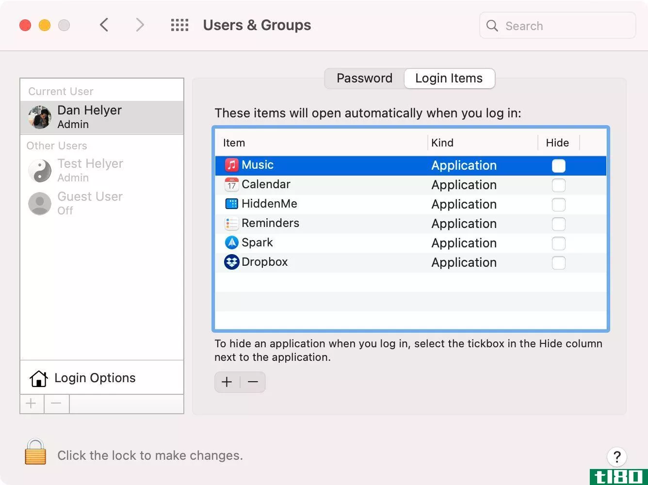 Users & Groups Login Items window in Mac System Preferences