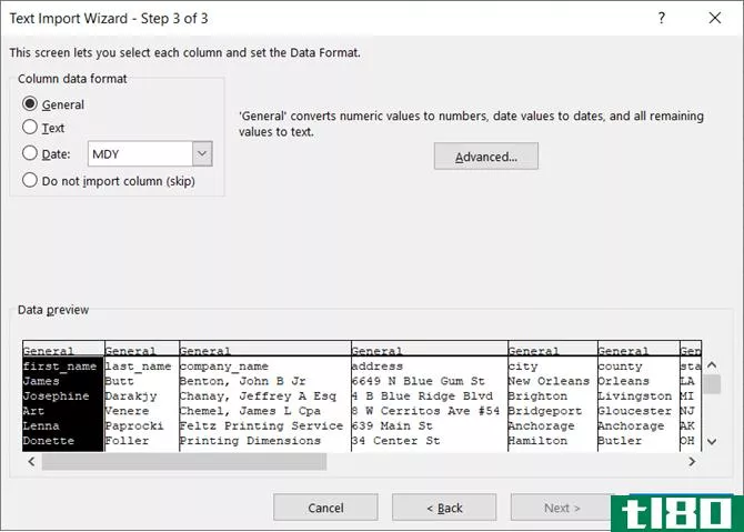 Column data format in Excel's Text Import Wizard