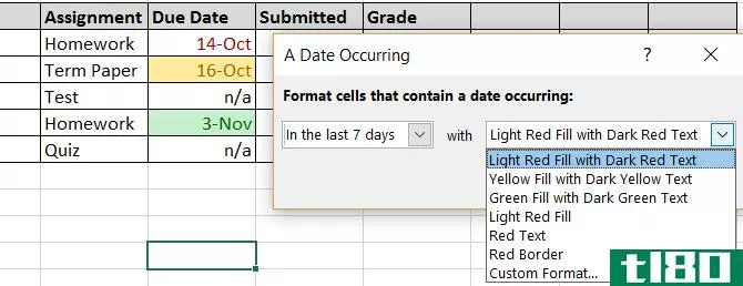 Excel Conditional Formatting -- School Due Dates