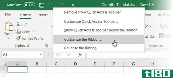 Screenshot of Customize the Ribbon option in Excel