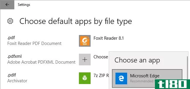 This is a screen capture of Windows 10 choose default app by file type