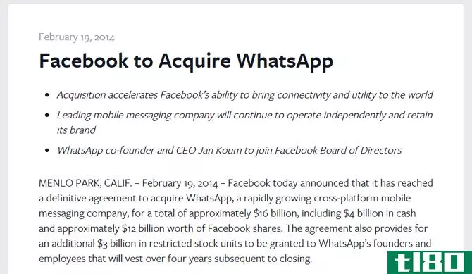 Screenshot of the Facebook news release announcing the WhatsApp aquisition