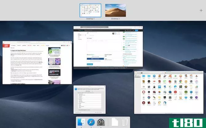 Mission Control view displaying all active apps and desktops on macOS