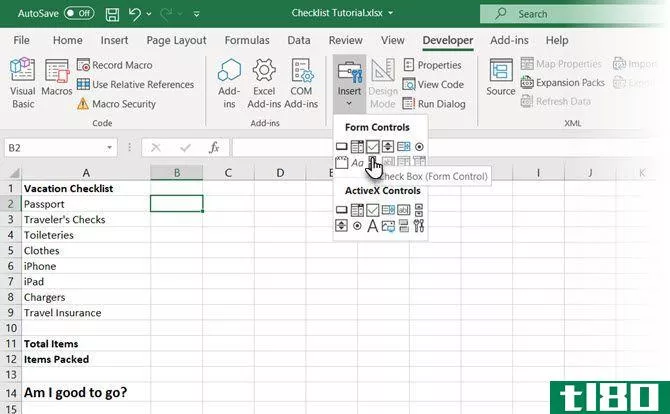 Screenshot of Excel checklist with a checkbox control