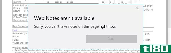 This is a screen capture of the error message "Microsoft Edge Web Notes aren't available"