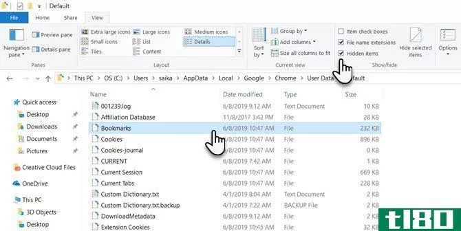 The Chrome bookmarks folder in Windows 10
