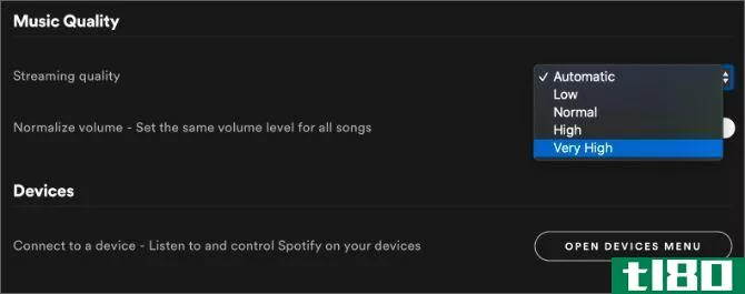 Spotify settings showing very high music quality option