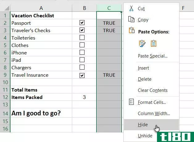 Screenshot of how to hide the True-False column in Excel