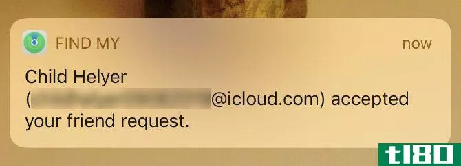 Notification saying a friend accepted your request to follow them in Find My