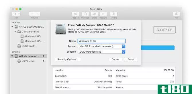 Windows To Go external drive format settings in Disk Utility