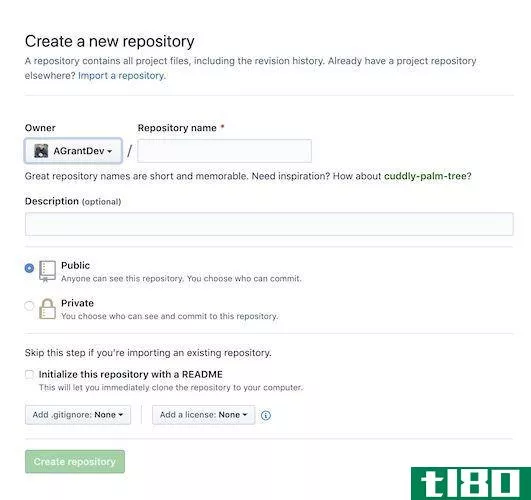 New Repository Screen for GitHub