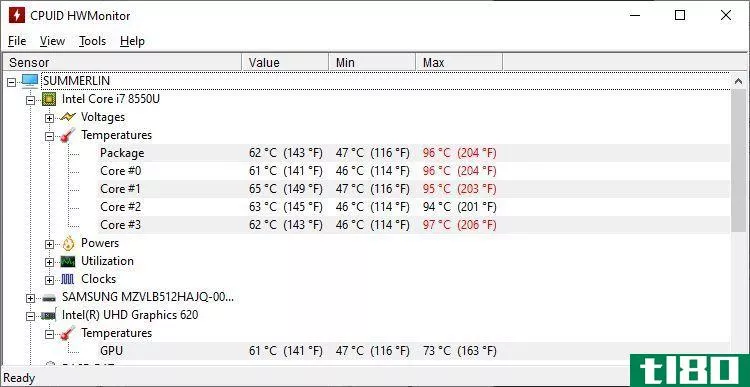 CPUID HWMonitor showing Intel Core i7 core and GPU temperatures.