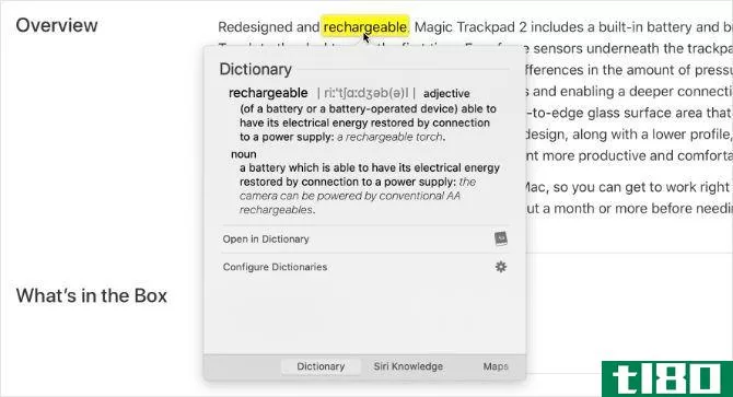 Look Up Force Touch feature showing dictionary for a word