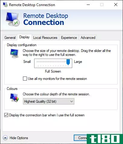 remote desktop connection menu shows how to adjust screen size