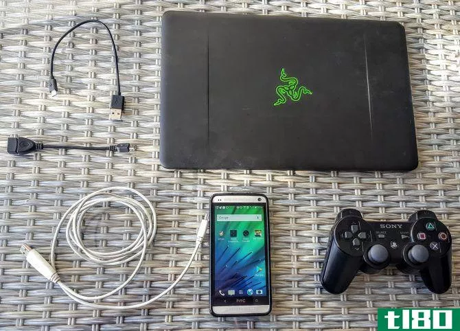 laptop, ps3 controller, and Android phone