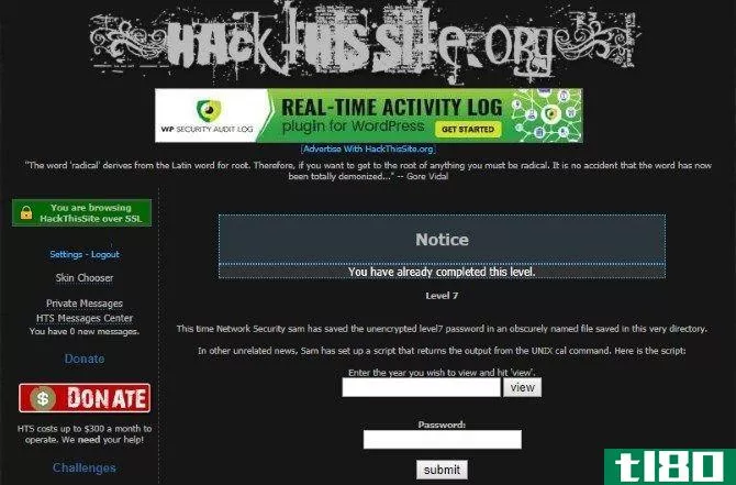 The HackThisSite website, performing one of the basic challenges