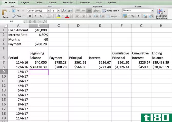 Excel Amortization Schedule -- Table Second Row
