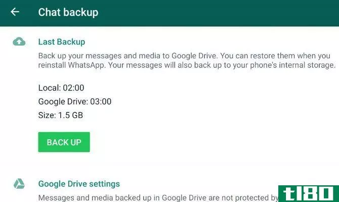 Screenshot of WhatsApp's backup settings on Android
