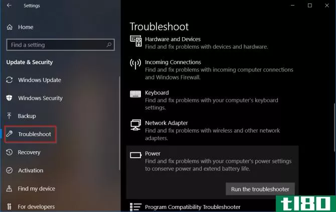 launch the power troubleshooter in windows 10