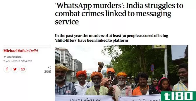 Screenshot of a Guardian news story on WhatsApp's fake news problem in India