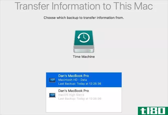 Migration Assistant Time Machine backup selection window