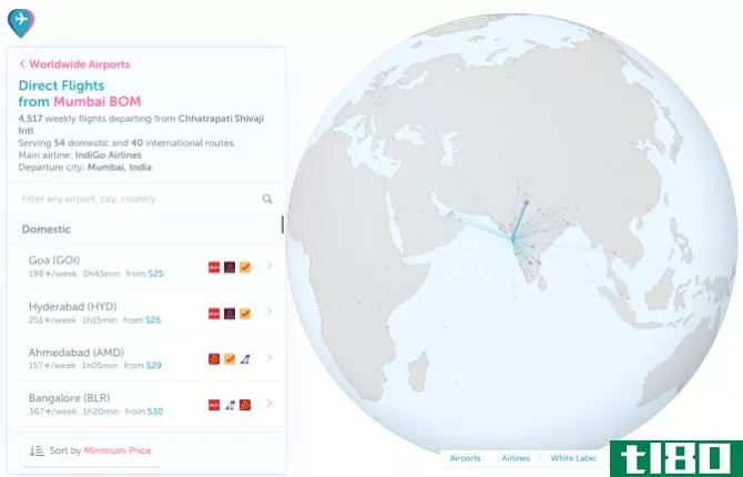 Direct-Flights shows non-stop flights from any airport