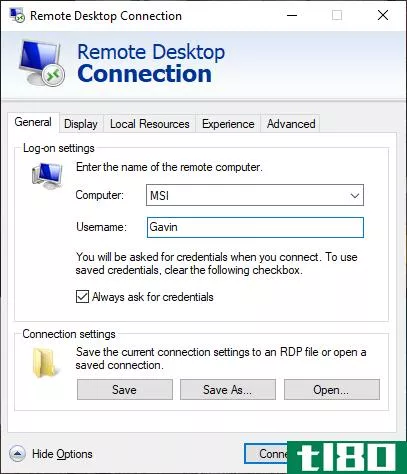 remote desktop connection user name