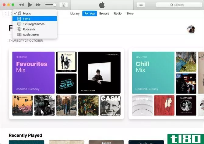iTunes showing Music, TV, and Podcasts with Apple Music