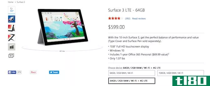 Price of Surface 3 on Microsoft Store