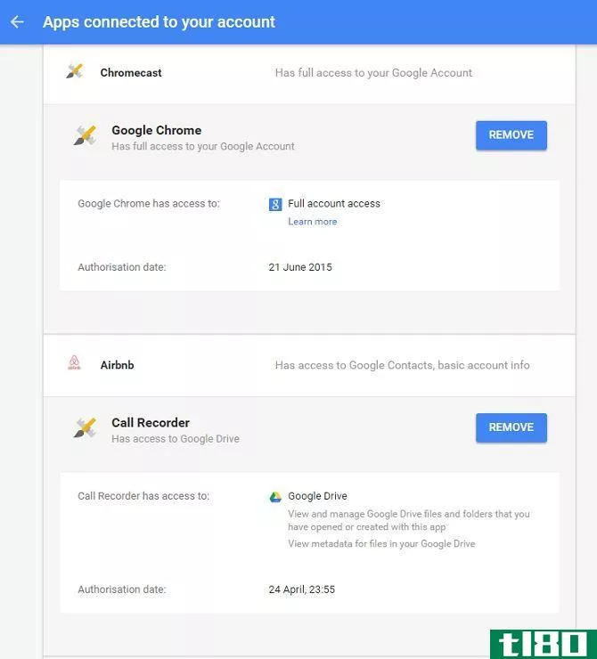 Google Connected Apps Screenshot