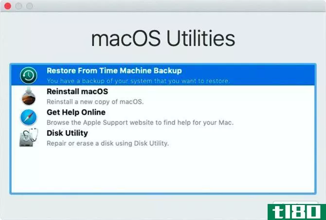macOS Utilities window with Restore from Time Machine Backup option