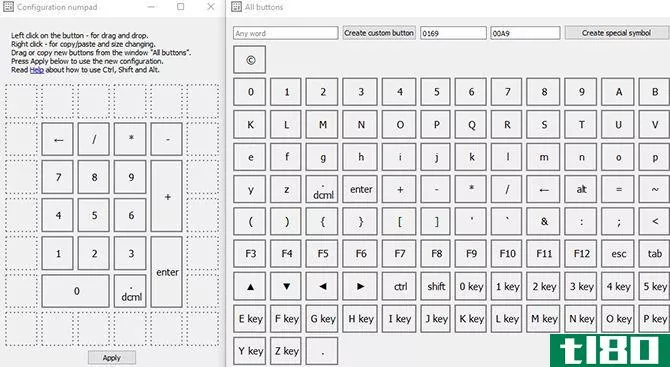 A side-by-side view of customization opti*** for Numpad Emulator