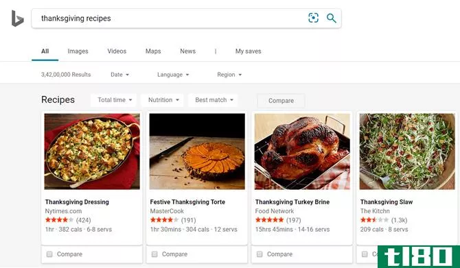 Search for Thanksgiving recipes with Bing