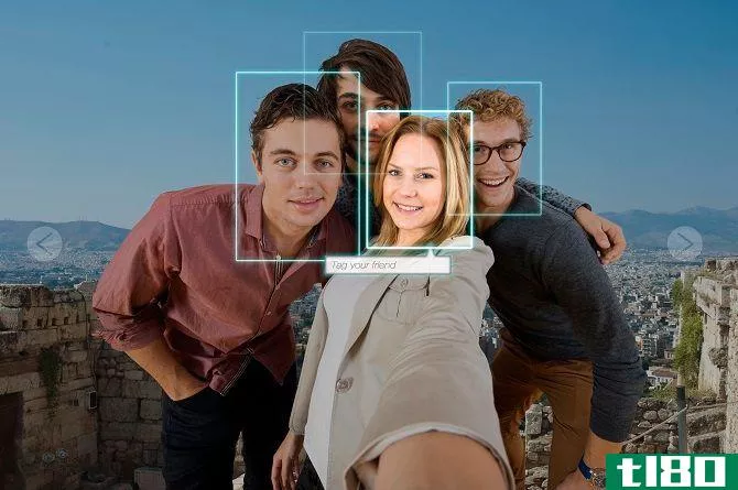 Photo of four people with facial recognition tagging