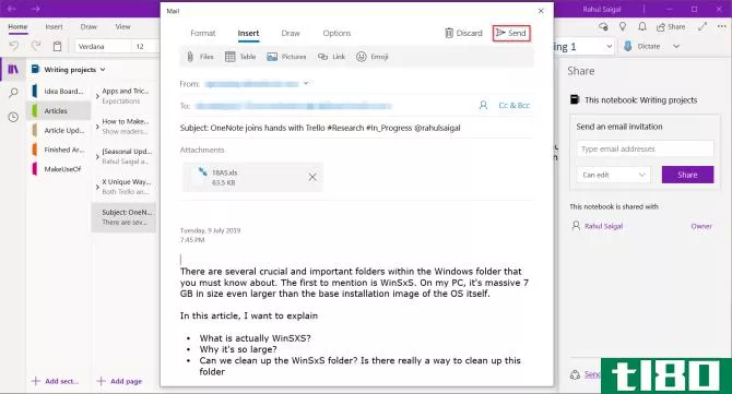 OneNote page in the email message