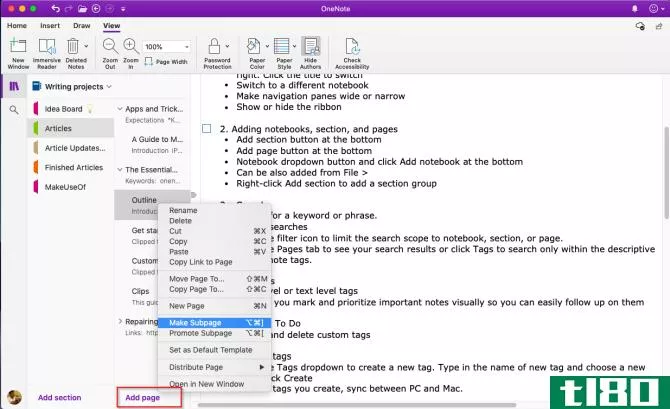 add pages and make subpages in OneNote