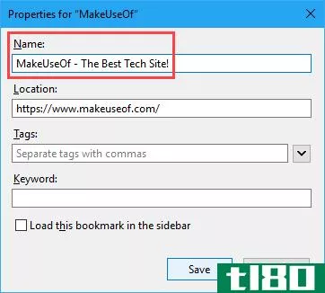 Properties dialog box for a bookmark in Firefox