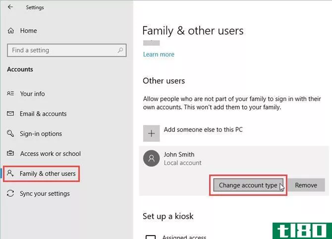 Click Change account type under Other users in Windows 10 Settings