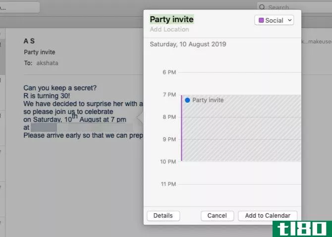 Add to Calendar popup in Mail on Mac