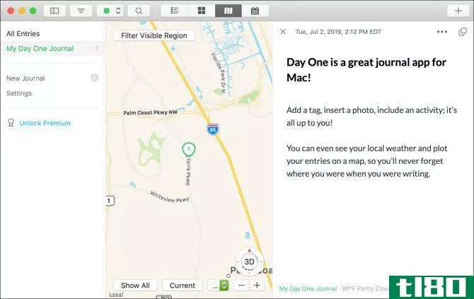 Day One journal entry and map on Mac