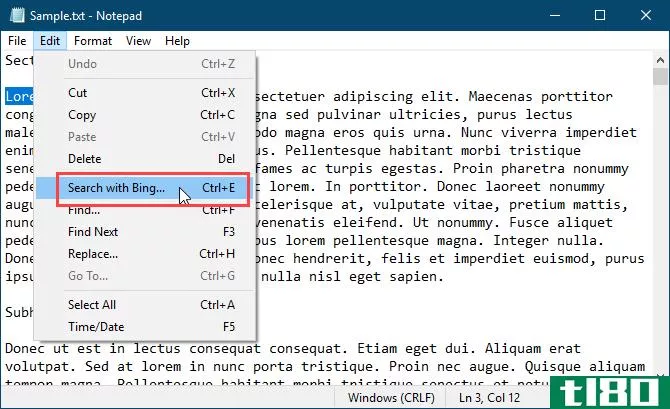 Search with Bing in Notepad
