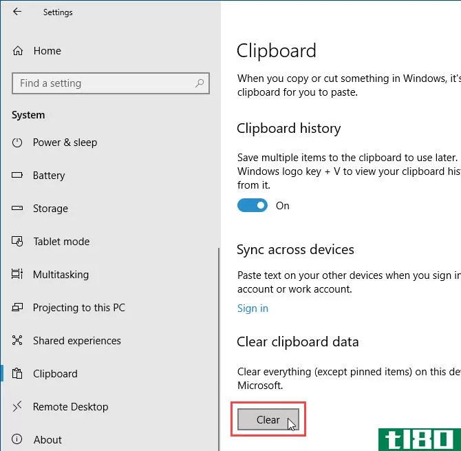 Clear the clipboard history using PC Settings in Windows 10