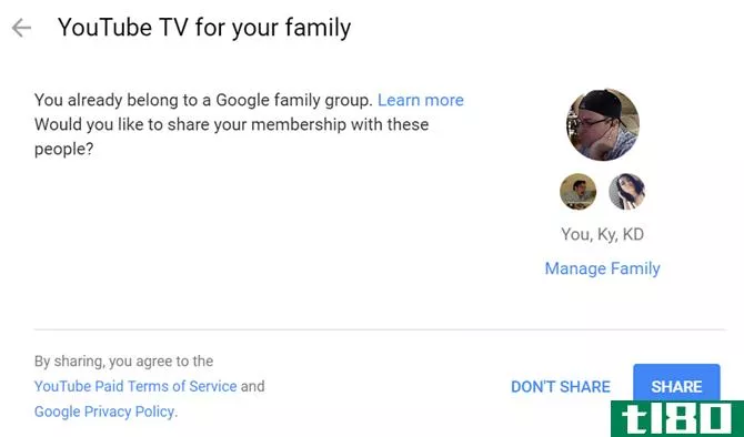 sharing youtubetv with family