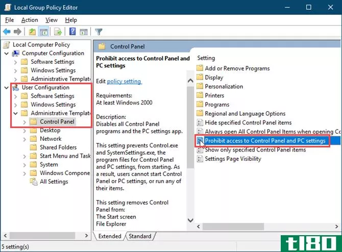 Double-click Prohibit access to Control Panel and PC Settings in the Local Group Policy Editor in Windows 10