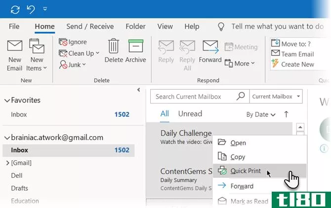 Right click and choose Quick Print from the menu in Microsoft Outlook 