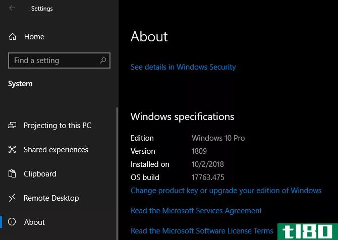 Windows 10 Specification Settings