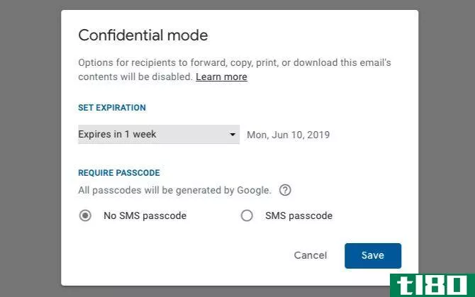 Confidential mode settings in Gmail on the web