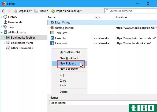 Create a new folder on the Library dialog box in Firefox